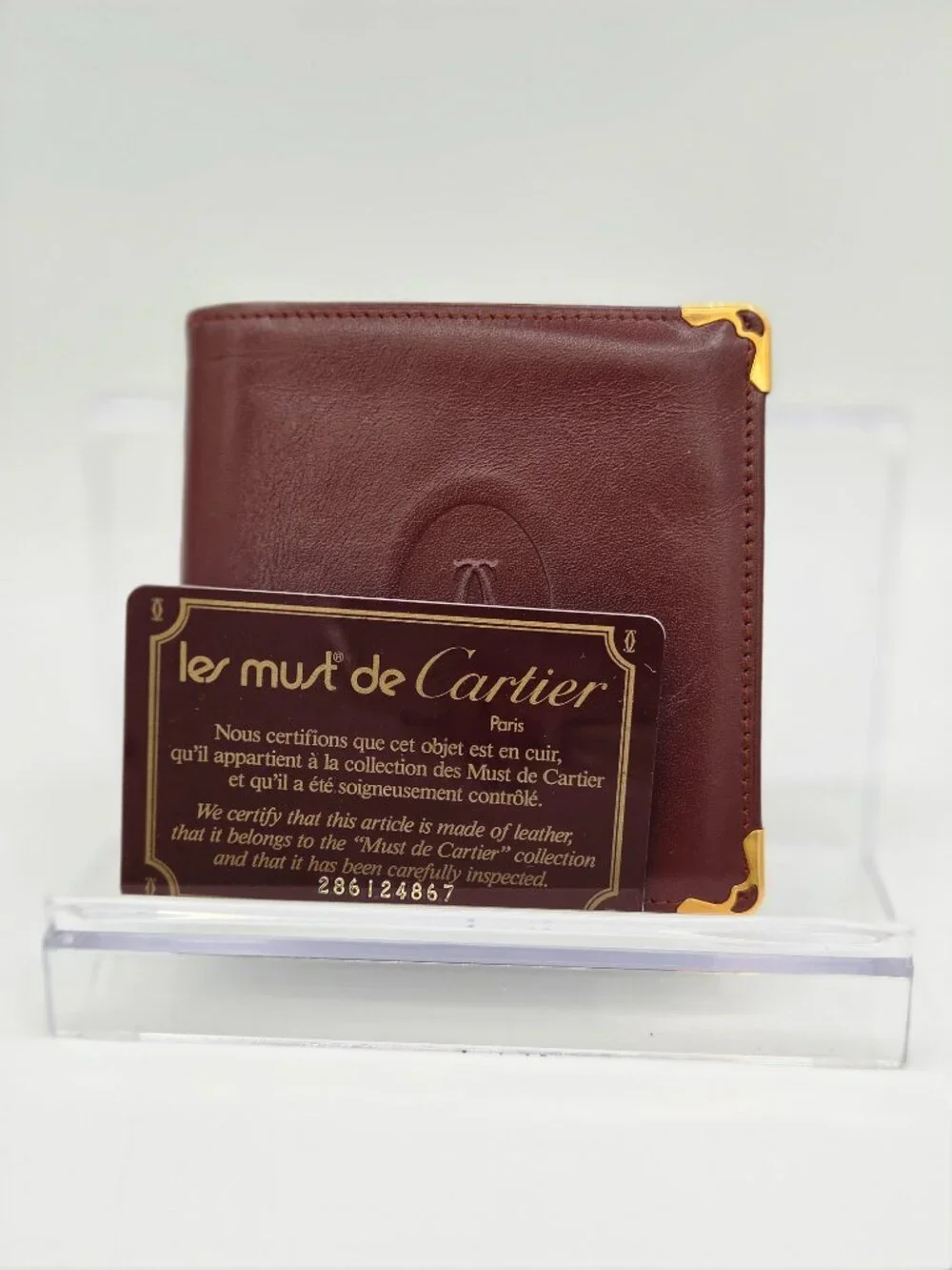 Vintage Must de Cartier Burgundy Leather Bifold Wallet | Coin Pocket | Gold